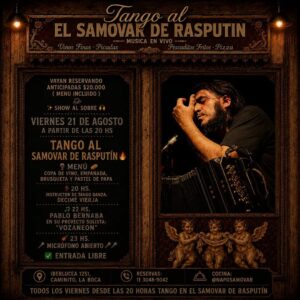 Viernes 21 de Agosto- a partir de las 20 hs/Tango al Samovar de Rasputín